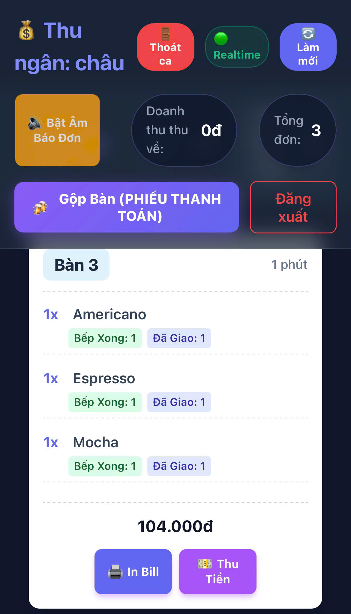 Màn hình thu ngân theo dõi trạng thái đơn và cảnh báo món chưa phục vụ
